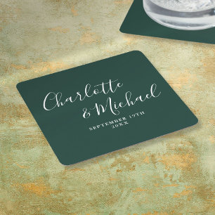 Elegant Signature Script Emerald Green Wedding Square Paper Coaster
