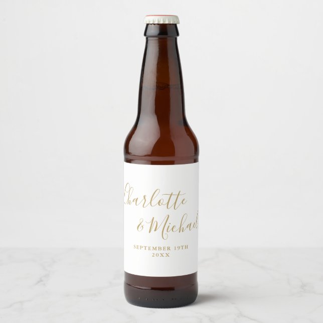 Elegant Signature Script Gold Wedding Beer Bottle Label (Front)