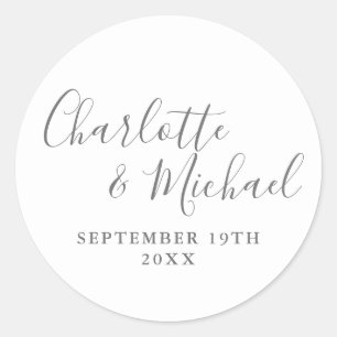 Elegant Signature Script Gray And White Classic Round Sticker