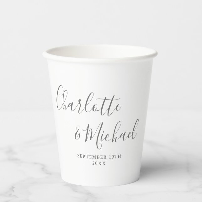 Elegant Signature Script Grey And White Wedding Paper Cups (Front)