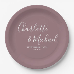 Elegant Signature Script Mauve Wedding Paper Plate