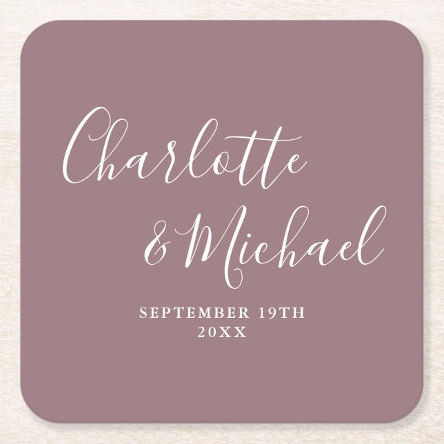 Elegant Signature Script Mauve Wedding Square Paper Coaster (Front)