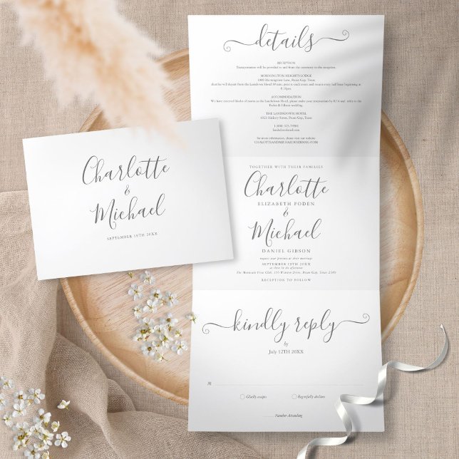 Elegant Signature Script Minimalist Photo Wedding Tri-Fold Invitation (Creator Uploaded)