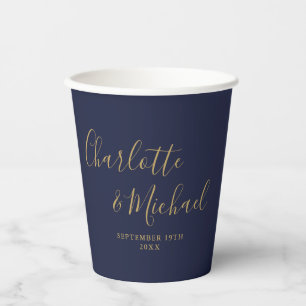 Elegant Signature Script Navy Blue Gold Wedding Paper Cups