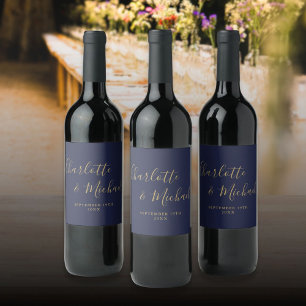 Elegant Signature Script Navy Blue Gold Wedding Wine Label