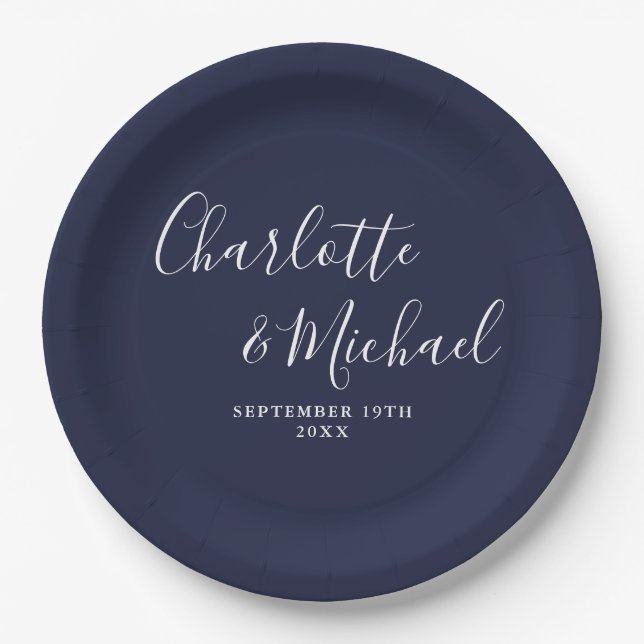 Elegant Signature Script Navy Blue Wedding Paper Plate (Front)