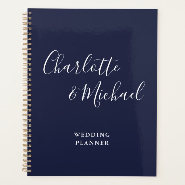 Elegant Signature Script Navy Blue Wedding Planner (Front)