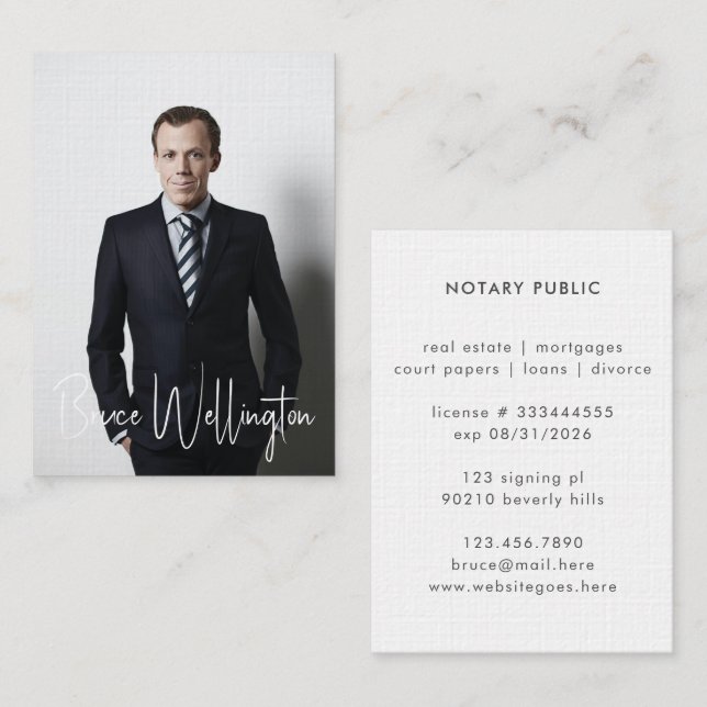 Elegant Signature Script Notary Lawyer Photo Business Card (Front/Back)