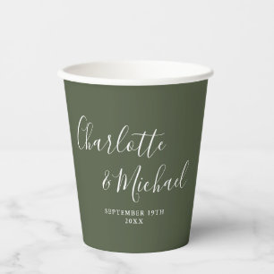 Elegant Signature Script Olive Green Wedding Paper Cups