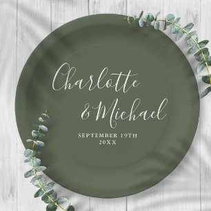 Elegant Signature Script Olive Green Wedding Paper Plate