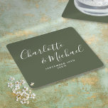 Elegant Signature Script Olive Green Wedding Square Paper Coaster<br><div class="desc">Elegant signature olive green wedding coasters personalised with signature style names and your special wedding date. Designed by Thisisnotme©</div>