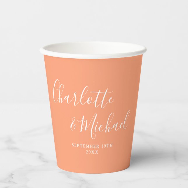 Elegant Signature Script Peach Wedding Paper Cups (Front)