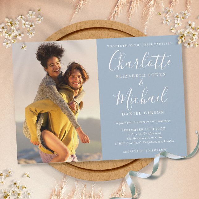 Elegant Signature Script Photo Dusty Blue Wedding Invitation (Creator Uploaded)