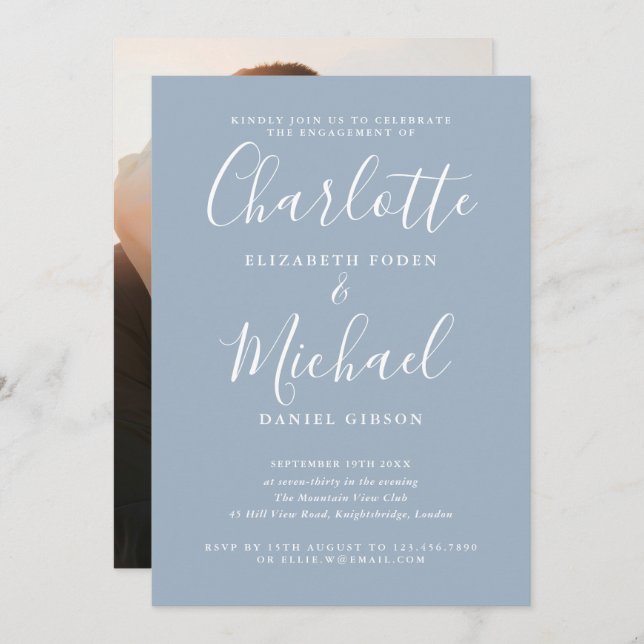 Elegant Signature Script Photo Engagement Party Invitation (Front/Back)