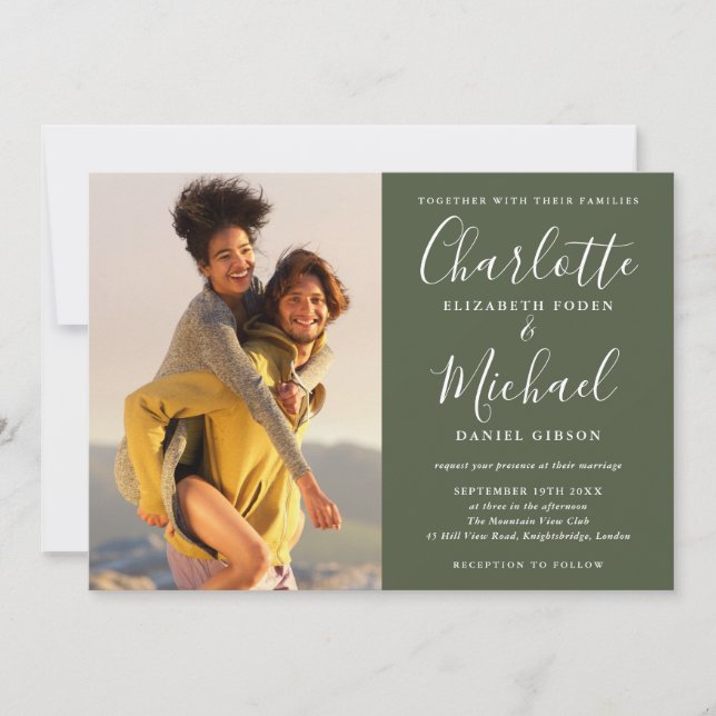 Elegant Signature Script Photo Olive Green Wedding Invitation (Front)