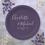 Elegant Signature Script Purple Wedding Paper Plate<br><div class="desc">Elegant signature purple wedding paper plates personalised with signature style names and your special wedding date. Designed by Thisisnotme©</div>