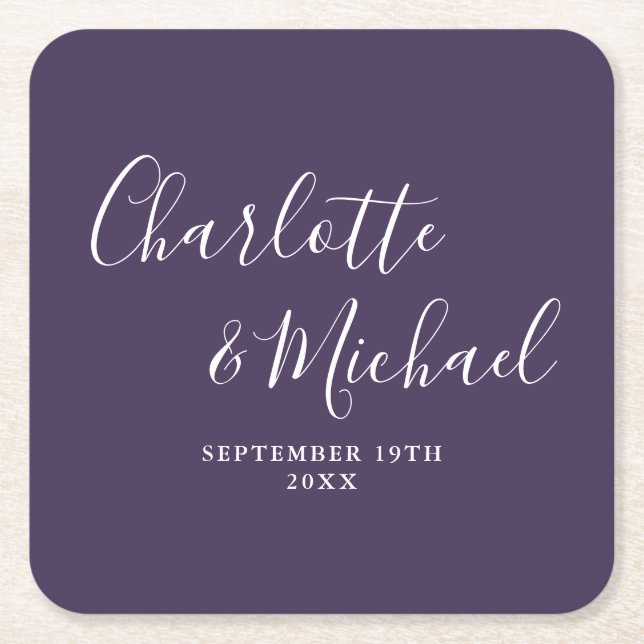 Elegant Signature Script Purple Wedding Square Paper Coaster (Front)