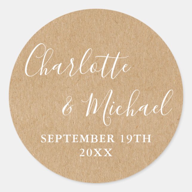 Elegant Signature Script Rustic Kraft Classic Round Sticker (Front)