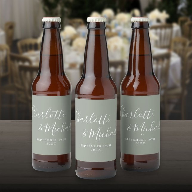 Elegant Signature Script Sage Green Wedding Beer Bottle Label (Elegant Signature Script Sage Green Wedding Beer Bottle Label)