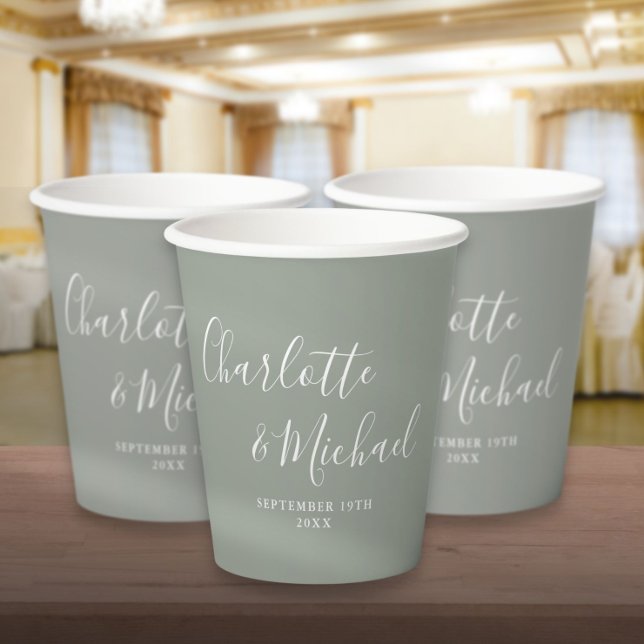 Elegant Signature Script Sage Green Wedding Paper Cups (Elegant Signature Script Sage Green Wedding Paper Cups)