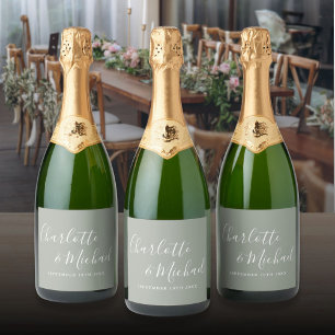 Elegant Signature Script Sage Green Wedding Sparkling Wine Label