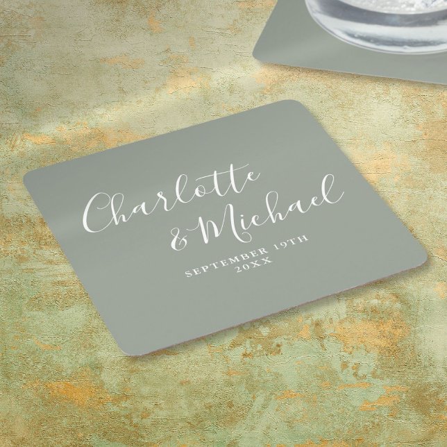 Elegant Signature Script Sage Green Wedding Square Paper Coaster (Elegant Signature Script Sage Green Wedding Square Paper Coaster)