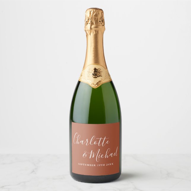Elegant Signature Script Terracotta Wedding Sparkling Wine Label (Front)