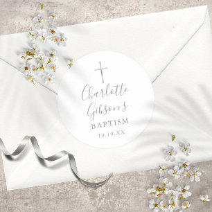 Elegant Signature Silver Cross Baptism Christening Classic Round Sticker
