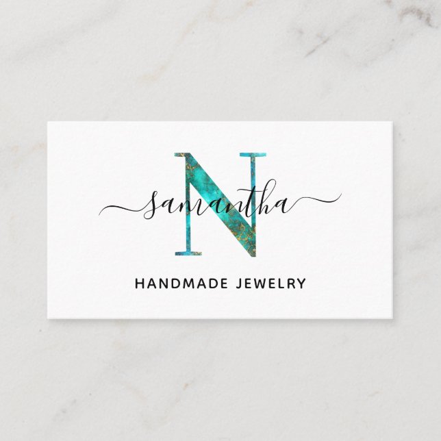 Elegant Signature Turquoise Gold N Monogram Logo Business Card (Front)