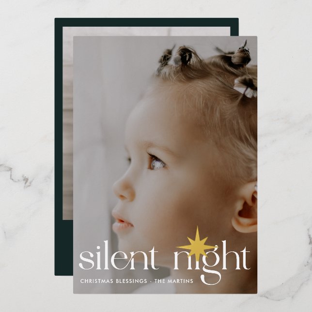 Elegant Silent Night Christmas Star Two Photo Foil Holiday Card (Front/Back)