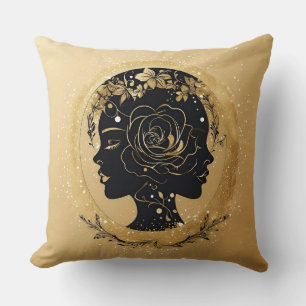 Elegant Silhouette of a Woman with Floral Elements Cushion