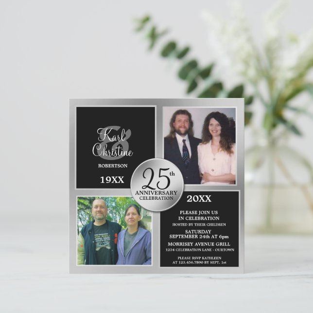Elegant Silver 25th Anniversary Invitations (Standing Front)