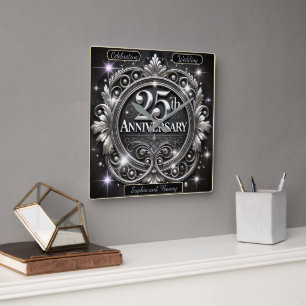 Elegant Silver 25th Anniversary Square Wall Clock