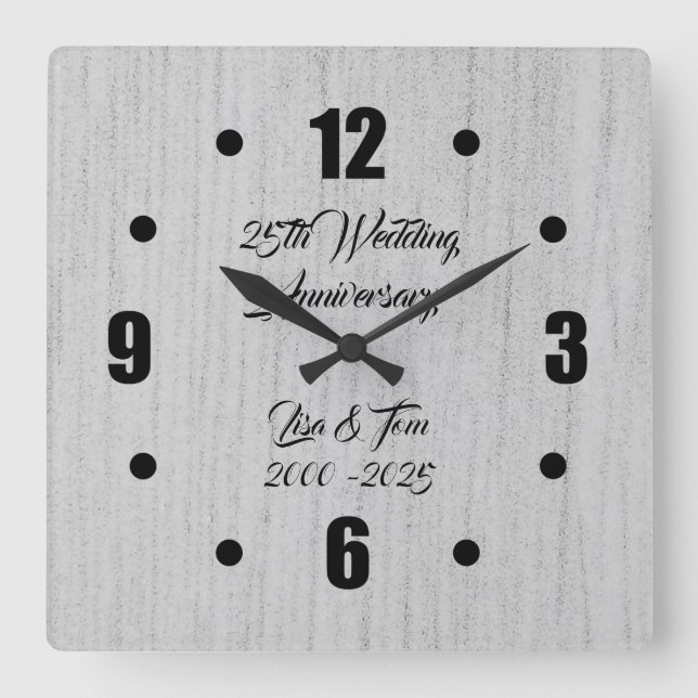 Elegant Silver 25th Silver Wedding Anniversary Square Wall Clock (Front)