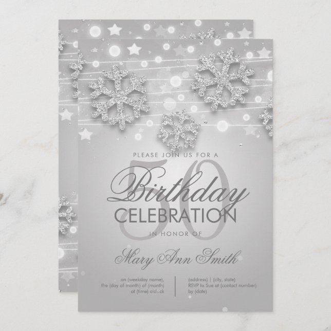 Elegant Silver 50th Birthday Party Winter Glitter Invitation (Front/Back)