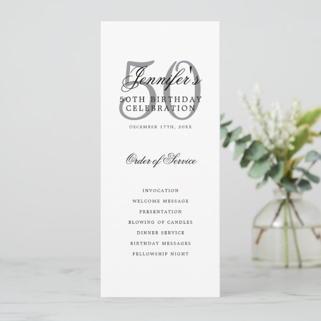 Elegant Silver 50th Birthday Program w/ Menu (Standing Front)