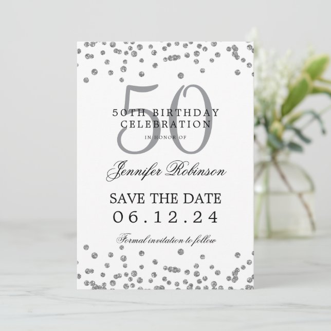 Elegant Silver 50th Birthday Save Date & Details Invitation (Standing Front)