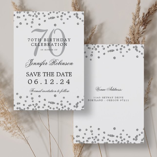 Elegant Silver 70th Birthday Save Date Confetti Invitation (Elegant Silver 70th Birthday Save Date Confetti Invitation)