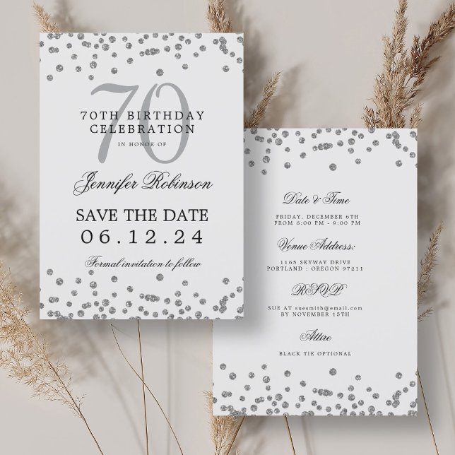 Elegant Silver 70th Birthday Save the Date Details Invitation (Elegant Silver 70th Birthday Save the Date Details Invitation)