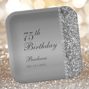 Elegant Silver 75th Birthday Paper Plate