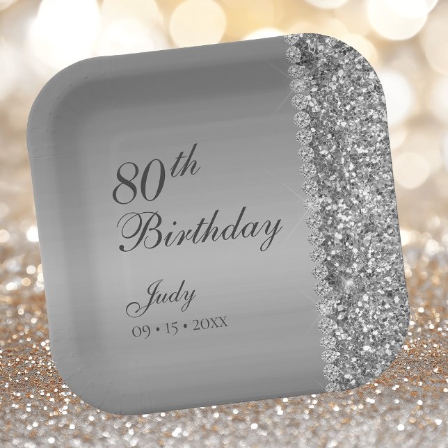Elegant Silver 80th Birthday Paper Plate (Creator Uploaded)