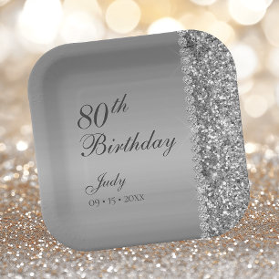 Elegant Silver 80th Birthday Paper Plate