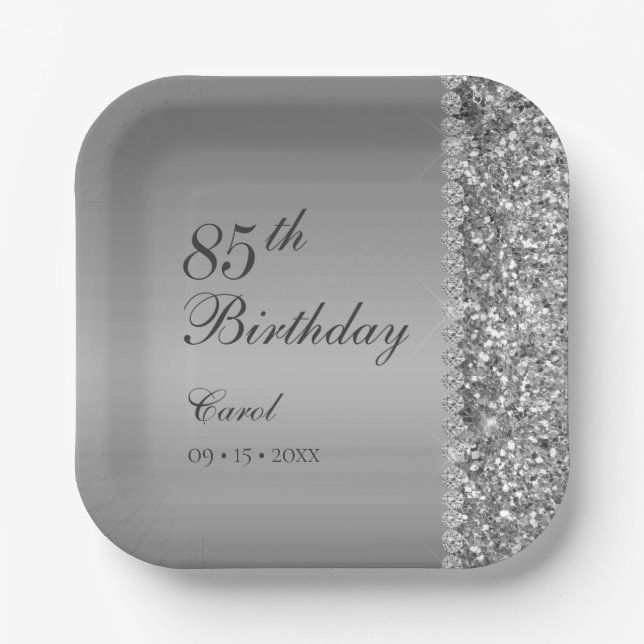 Elegant Silver 85th Birthday Party Paper Plate (Front)