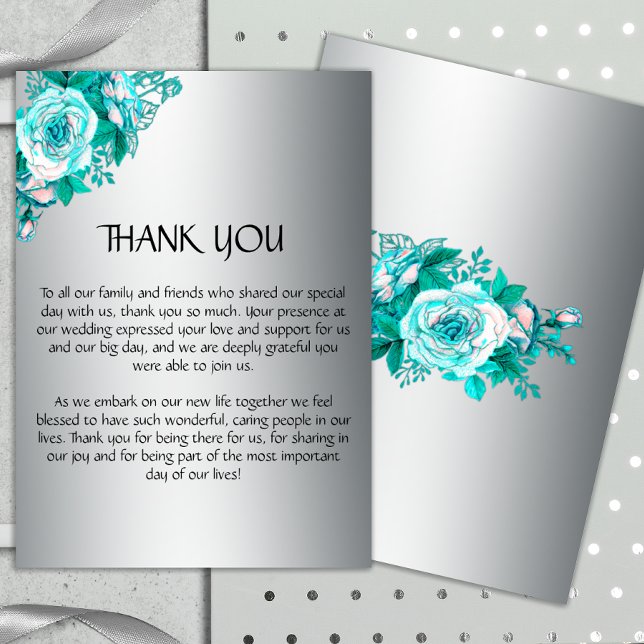 Elegant Silver and Aqua Roses Wedding Thank You  (Creator Uploaded)
