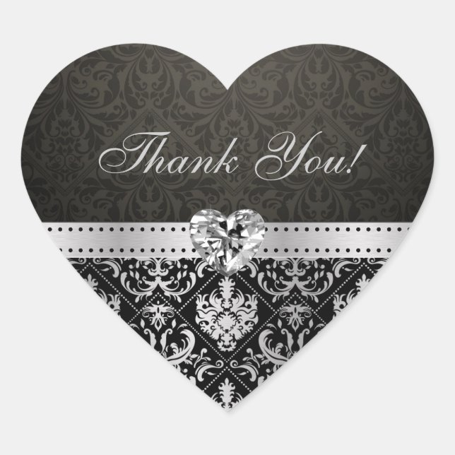Elegant Silver and Black Damask Thank You Stickers (Front)