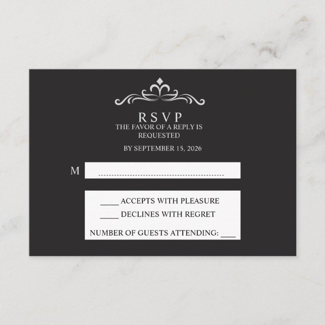 Elegant Silver and Black Horizontal Wedding RSVP  Card (Front)