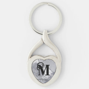 Elegant Silver and Black Monogram  Key Ring