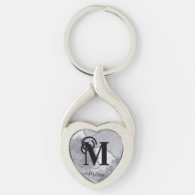 Elegant Silver and Black Monogram  Key Ring (Front)