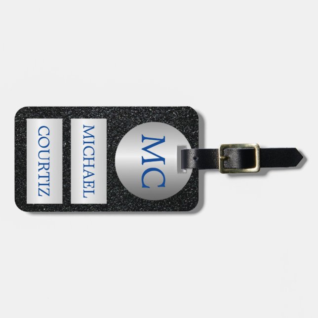 Elegant silver and black Monogrammed Luggage Tag (Front Horizontal)