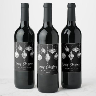 Elegant Silver and Black Ornament Christmas Wine Label